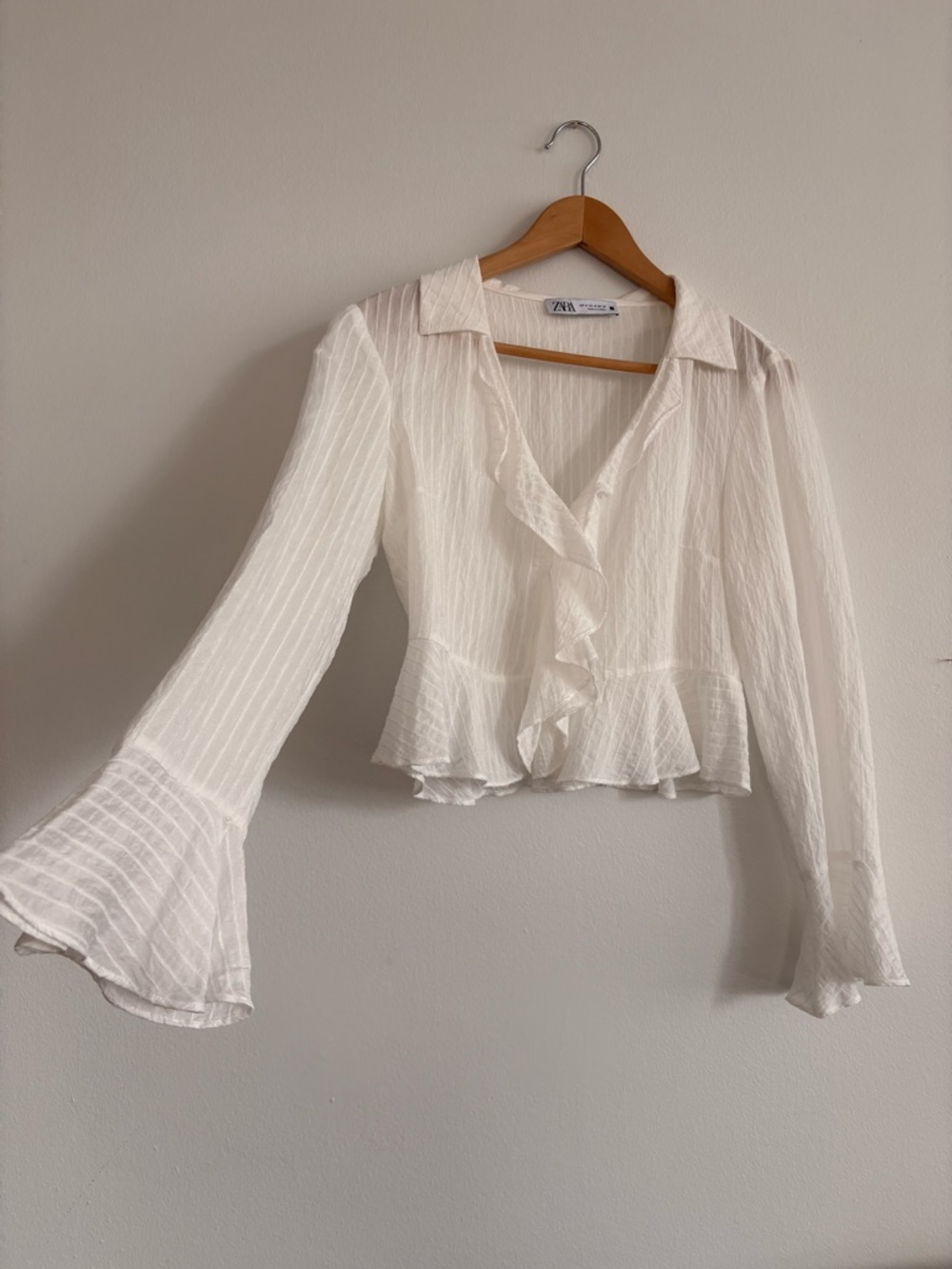 Zara White Ruffle Peplum Blouse Bell Sleeve Cottagecore Top M